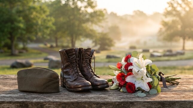 Military Boots, Garrison Cap, and Memorial Flower Bouquet on Wooden Table at Sunrise