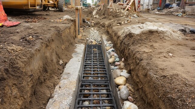 Construction trench with drainage grate, gravel and excavated soil shows drainage solution installation for stormwater control and site infrastructure.