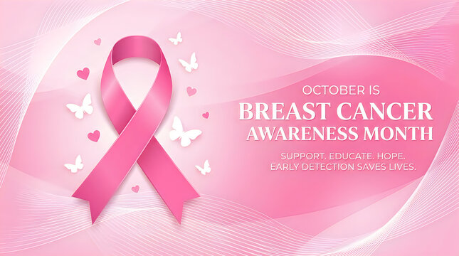 Pink ribbon symbol for breast cancer awareness month featuring elegant wave background and medical health care concept design