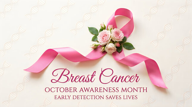 Pink ribbon with flowers for breast cancer awareness month representing support and hope for early detection and healing