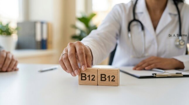 Doctor holding B12 vitamin blocks. Healthcare professional recommending nutritional supplement.