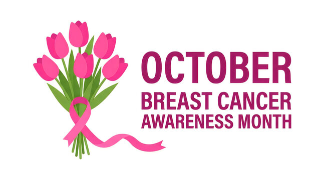 A beautiful bouquet of pink tulips tied with a ribbon for breast cancer awareness month in october event