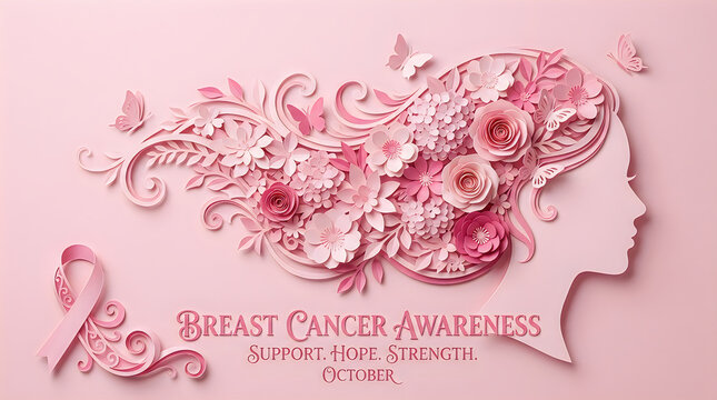 A beautiful paper art silhouette of a woman with floral hair for breast cancer awareness month campaign design