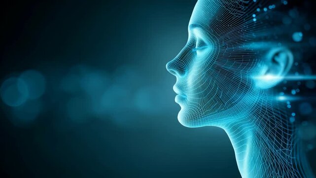 Digital human face rendered in blue tones is surrounded by luminous data points, lines, representing advanced artificial intelligence. Conveys futuristic technology, virtual intelligence