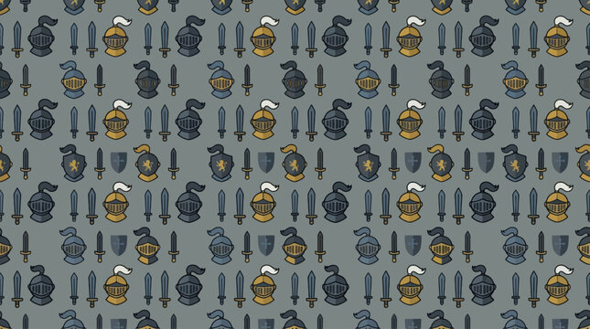 Seamless pattern with cute cartoon knight helmets and swords on gray.