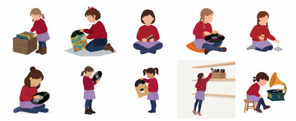 Set of flat vector illustrations of a young girl collecting, cleaning, and listening to vintage vinyl records