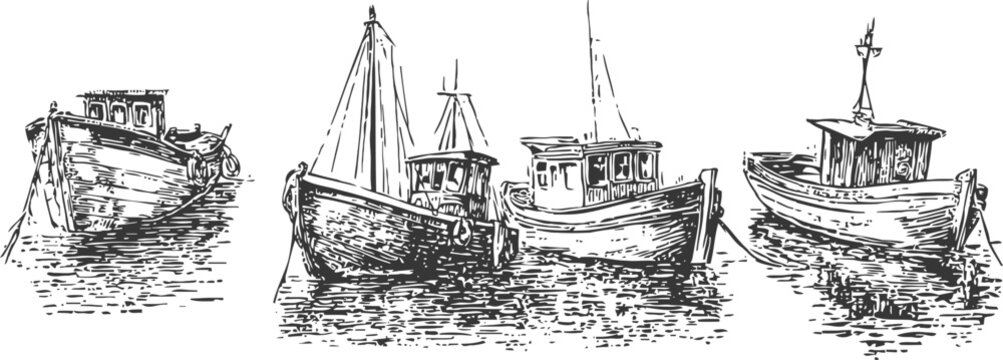 hand drawn fishing boats floating on water in sketch nautical vessels for sea travel and fishing activities
