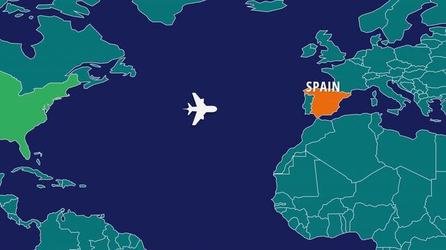 Flight Map Animation Showing Airplane Route Travelling From USA to Spain. Perfect visual for video editors, content creators, and marketing agencies needing high-end geographical transitions.