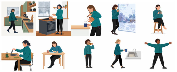Set of flat vector illustrations featuring people in cozy winter fleece jackets performing various indoor lifestyle activities. © Capital