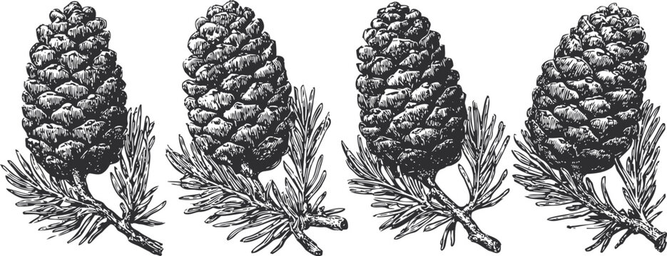 Vintage pine cones illustration with detailed needles and branches in black and white