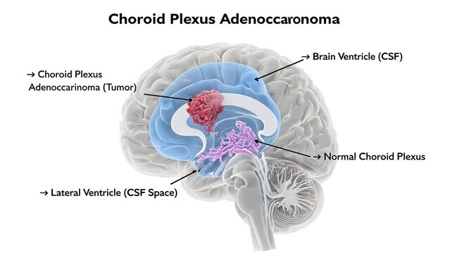 Plain white background labeled 3D anatomical render of Choroid Plexus Adenocarcinoma, comparison of malignant tumor and normal choroid plexus inside lateral brain ventricle CSF space brain tumor patho