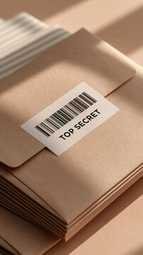 A stack of brown paper envelopes features a white label with a black barcode and the words top secret printed on a clean minimalist desk surface