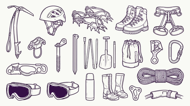 A comprehensive collection of mountaineering and climbing gear, including ice axes, helmets, crampons, boots, ropes, and other essential equipment for alpine adventures.