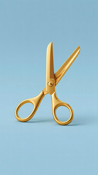 A pair of shiny gold scissors standing open against a solid light blue background representing precision and craftsmanship in a studio setting