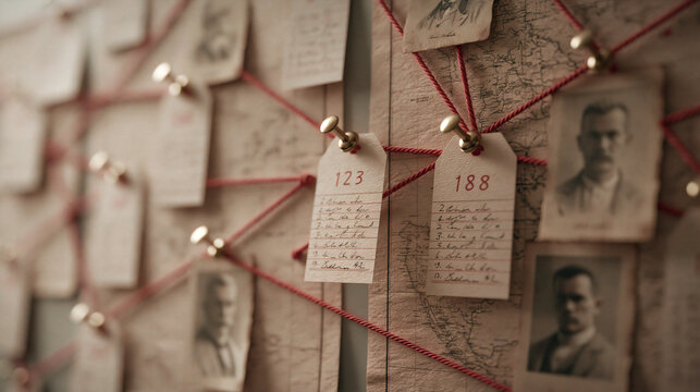 An investigation board with vintage photographs and paper notes connected by red string to map out a mystery or criminal case