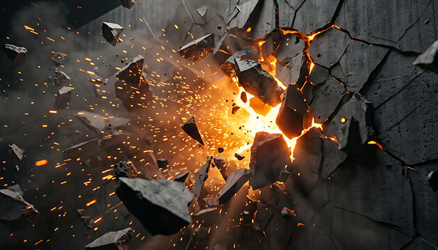 Explosive impact shattering a dark concrete wall with glowing embers and flying debris