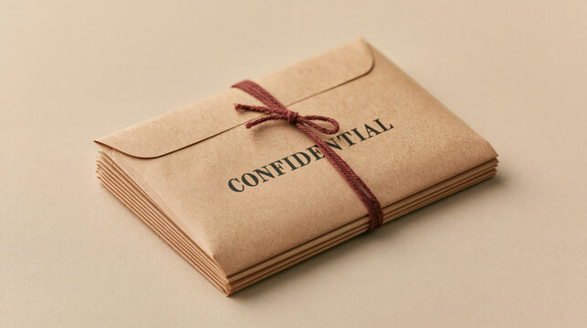 A stack of brown paper envelopes tied with a string features the word confidential printed on the top envelope to represent secure business communication and private documents