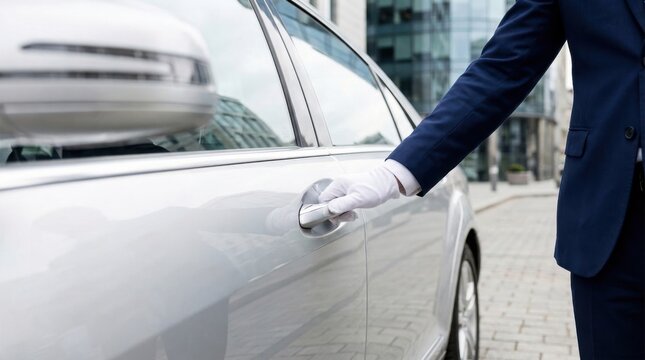 Chauffeur opening luxury car door. Professional driver providing premium transport service.