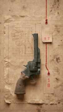 A vintage revolver rests on top of an aged technical drawing with two hanging paper tags featuring red numbers against a textured brown background