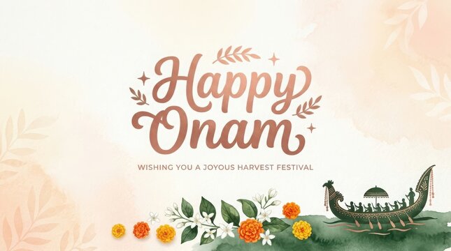 Happy Onam joyous harvest festival greeting with boat, flowers and subtle leafy background.