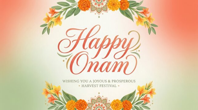 Happy Onam greeting with ornate floral wreath and gradient background Wishing joyous and prosperous harvest festival celebration.