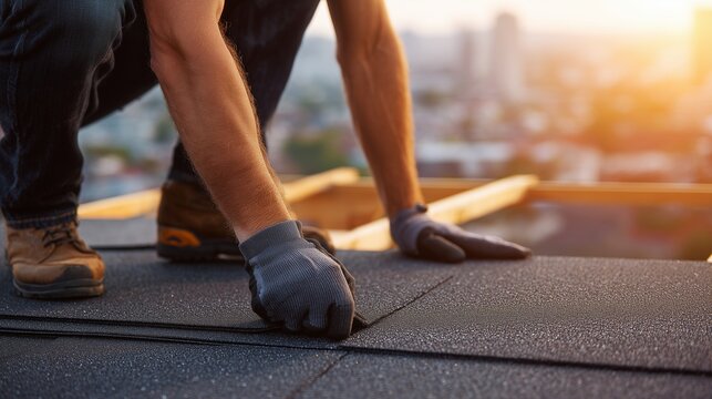 Roofer inspecting asphalt shingle on rooftop with gloved hands and boot, showing roof maintenance, repair, safety and property care.