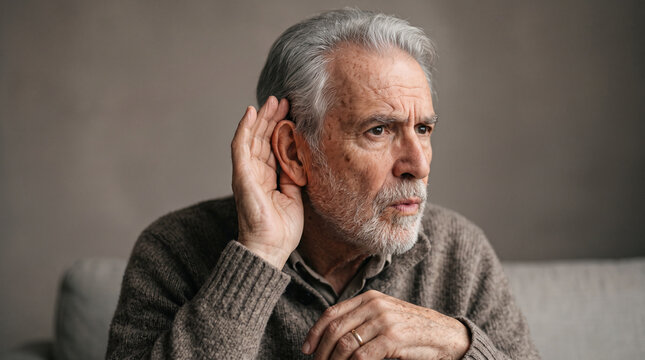 Elderly man cupping ear, intently listening or struggling with hearing impairment