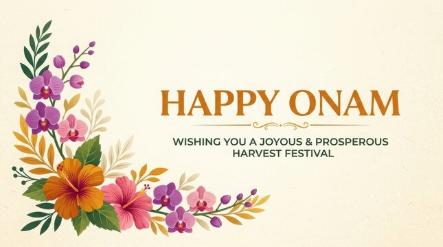 Happy Onam greeting featuring vibrant floral arrangement in corner with text wishing joyous prosperous harvest festival.