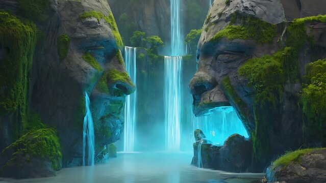 Mystical stone faces covered in moss stand opposite each other with a waterfall cascading between them.