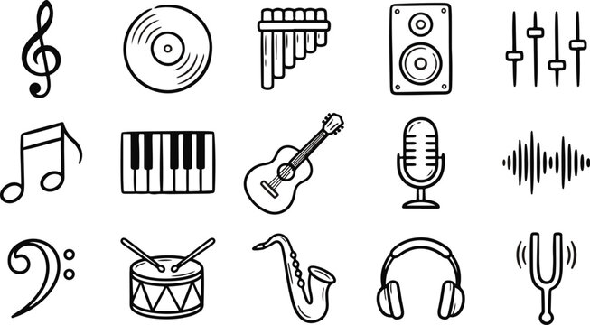 Set of hand drawn musical instrument icons and sound equipment illustrations isolated on a white background for creative design