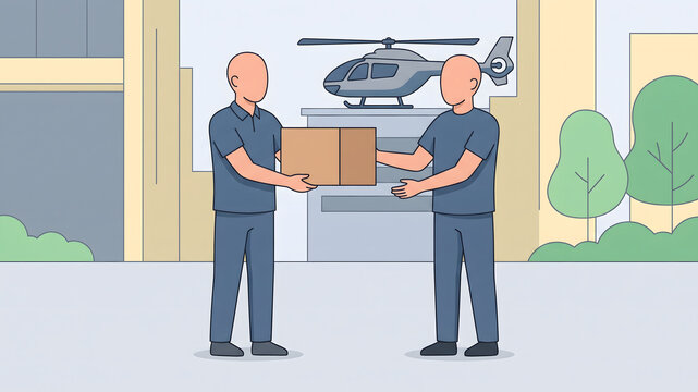 Two Couriers Exchanging Package with Helicopter in Background Vector