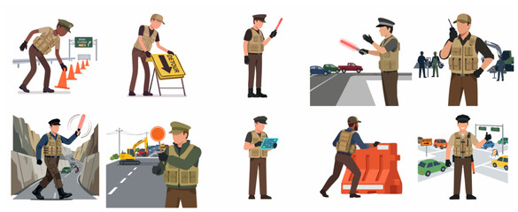 Vector illustration set of traffic controllers managing road safety, detour signs, and construction traffic management. © Raonsw