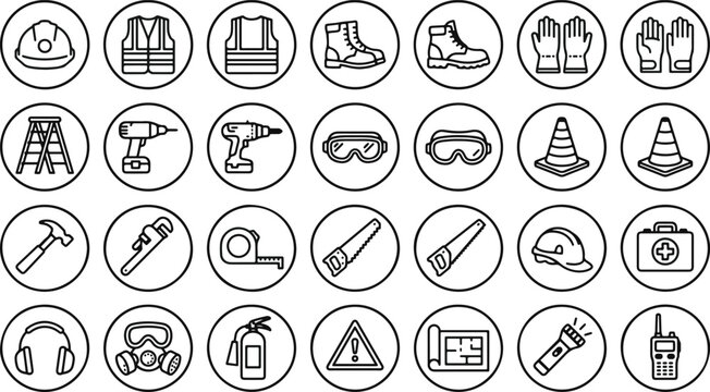 A comprehensive set of black and white line art icons representing various construction tools and building site equipment supplies