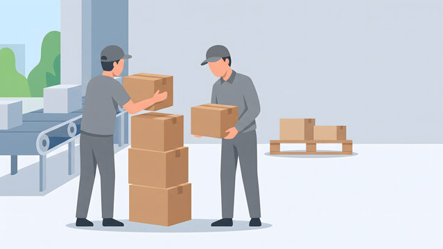 Warehouse Workers Stacking Boxes on Pallet from Conveyor Vector
