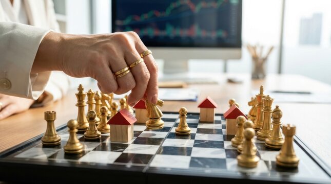 Hand moving chess piece on board. Business strategy concept with real estate investment.