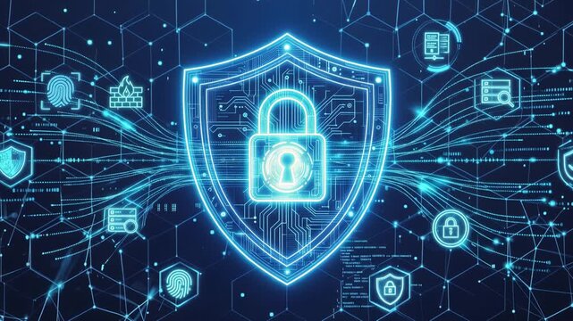 Luminous cybersecurity shield, glowing digital padlock, flowing encrypted data streams, futuristic network grid, 4K video