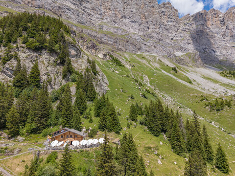 Aerial view of Tallihutte SAC mountain hut nestled on a grassy alpine slope with surrounding pine trees, rocky cliffs, and white umbrellas on the terrace in Innertkirchen, Bern, Switzerland.