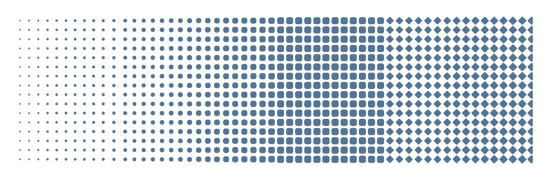 Abstract halftone transition pattern with dots squares and diamonds - geometric shape morphing gradient banner in blue for backgrounds and design elements