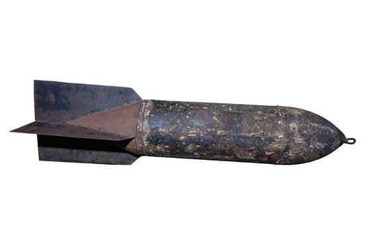 Vintage aerial bomb explosive projectile isolated on a white background.