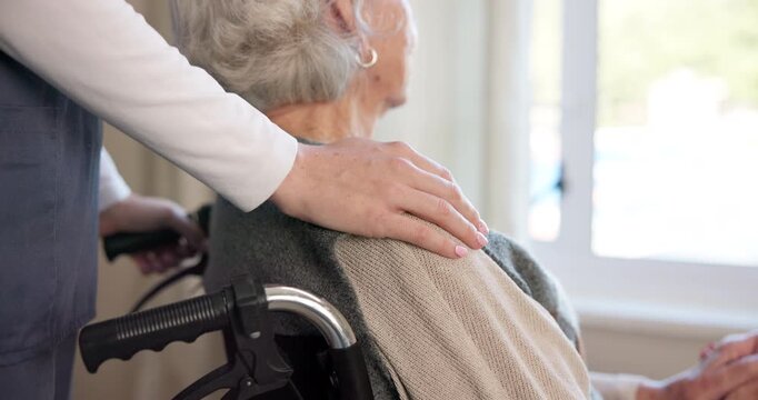 Nurse, hand and comfort for old woman in wheelchair, assisted living and support for senior patient. Nursing home, caregiver and sympathy for elderly person with disability, healthcare and wellness