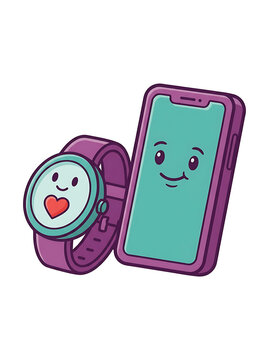 Cute cartoon smartwatch and smartphone character duo with smartwatch