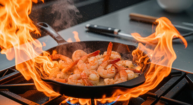 Fresh shrimp searing in a hot cast iron skillet with bright orange flames.