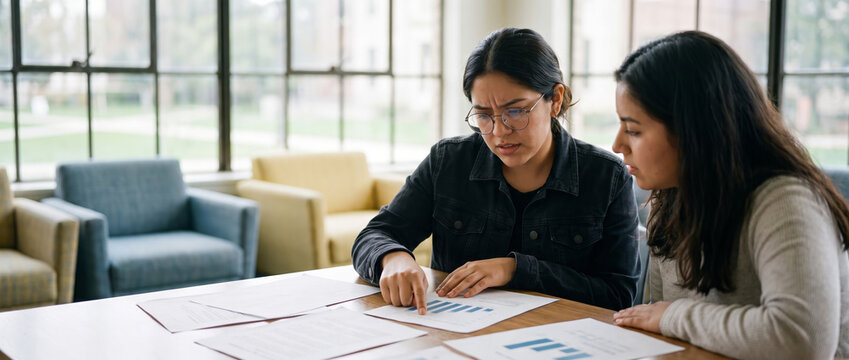 Hispanic student discussing printed data charts with classmate