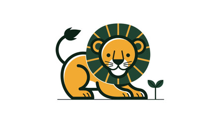 Stylized lion illustration with green mane and plant on white background © Agustasptrr