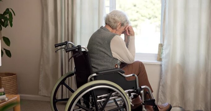 Thinking, regret and old woman at window with wheelchair, worry or reflection of past mistake. Mental health, sad or elderly person with disability in home, emotional thoughts and guilt in retirement