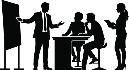 Fototapeta premium Silhouette of professional business team discussing strategy during an office presentation