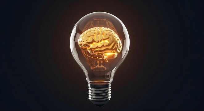 A conceptual photograph of a luminous golden human brain inside a clear glass lightbulb against a dark background.