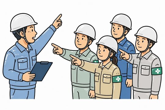 ヘルメットを被ったリーダーが作業員たちに指示を出し、チームで連携して作業を行う現場のイラスト