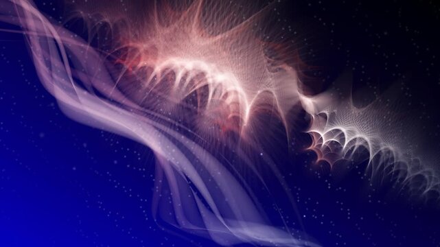A mesmerizing, dynamic digital animation unfolds against a deep blue backdrop, featuring intricate swirling patterns reminiscent of cosmic nebulae or waves