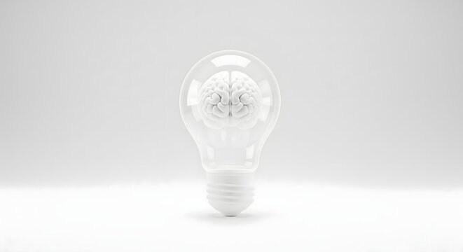 A white light bulb containing a human brain model representing a creative idea or innovation on a clean background.